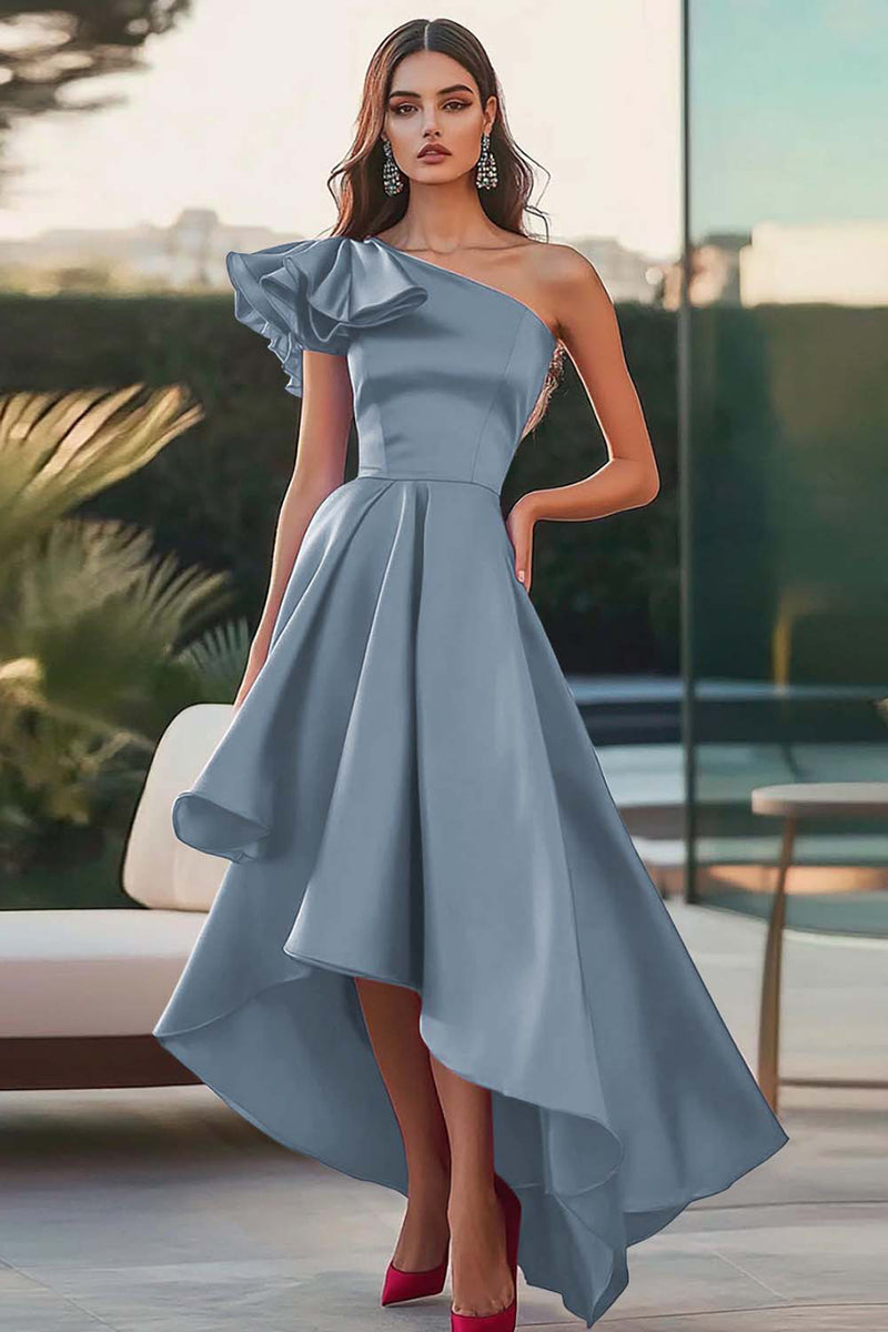 Laden Sie das Bild in den Galerie-Viewer, Fuchsia Eine Schulter High-Low Satin Ballkleid in A-Linie