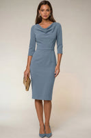 Laden Sie das Bild in den Galerie-Viewer, Cowl Neck Navy Bodycon 3/4 Ärmel Midi Arbeitskleid mit Schlitz