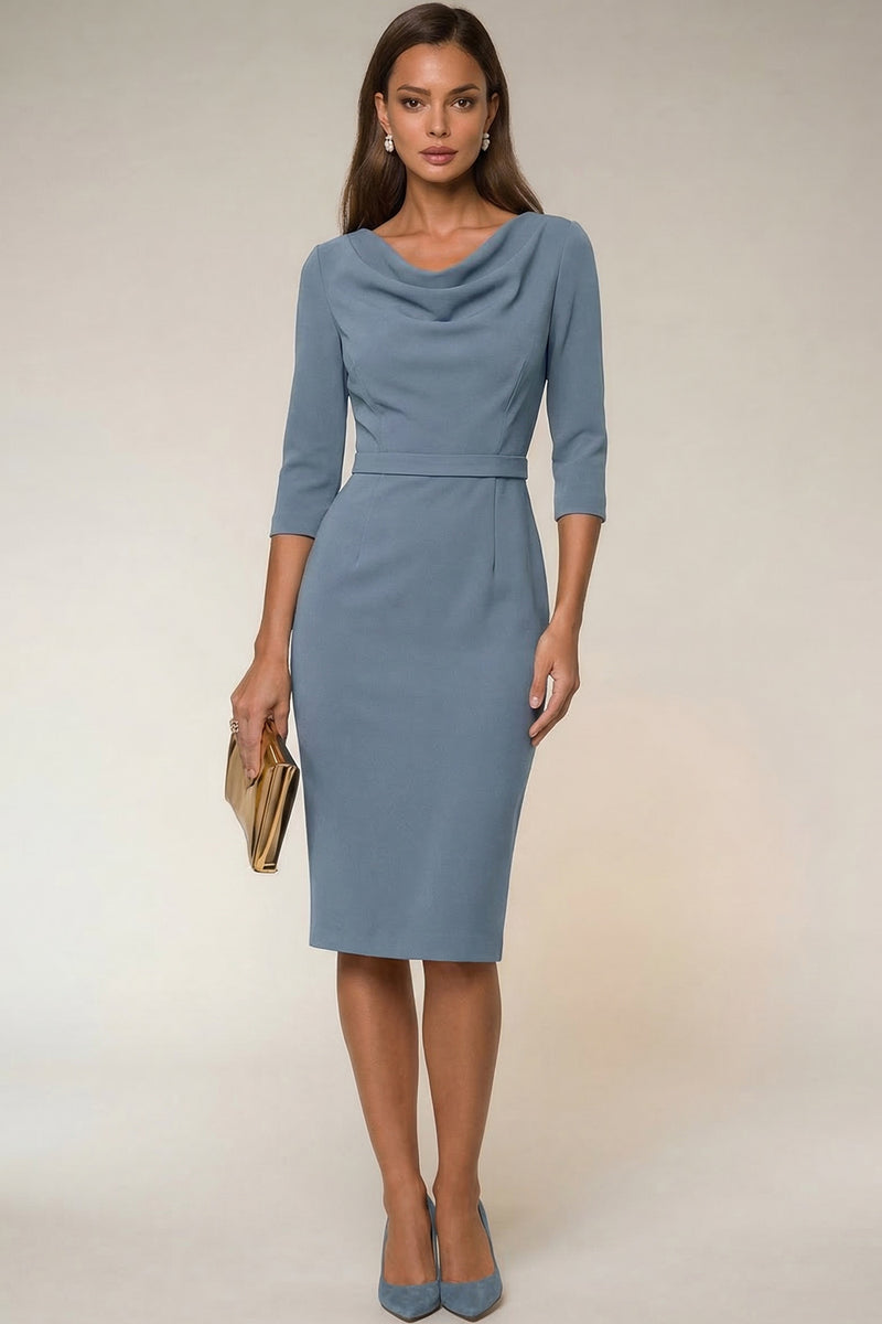 Laden Sie das Bild in den Galerie-Viewer, Cowl Neck Navy Bodycon 3/4 Ärmel Midi Arbeitskleid mit Schlitz