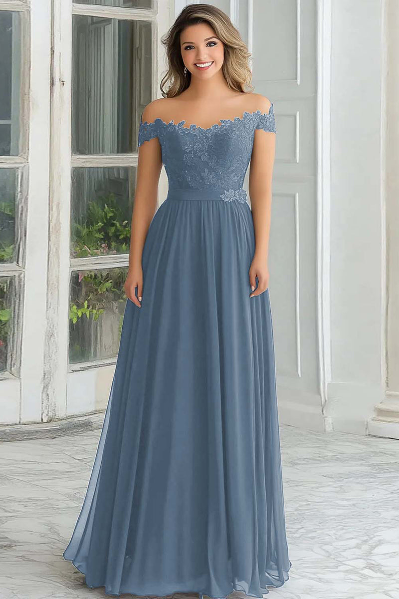 Laden Sie das Bild in den Galerie-Viewer, Elegantes Langes A-Linie Schulterfreies Marineblaues Chiffon Brautmutterkleid mit Spitzenapplikationen