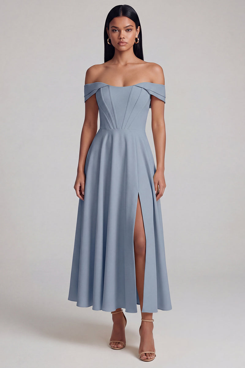 Laden Sie das Bild in den Galerie-Viewer, A-Linien-Off-the-shoulder gelbes Korsett-Maxikleid mit Schlitz