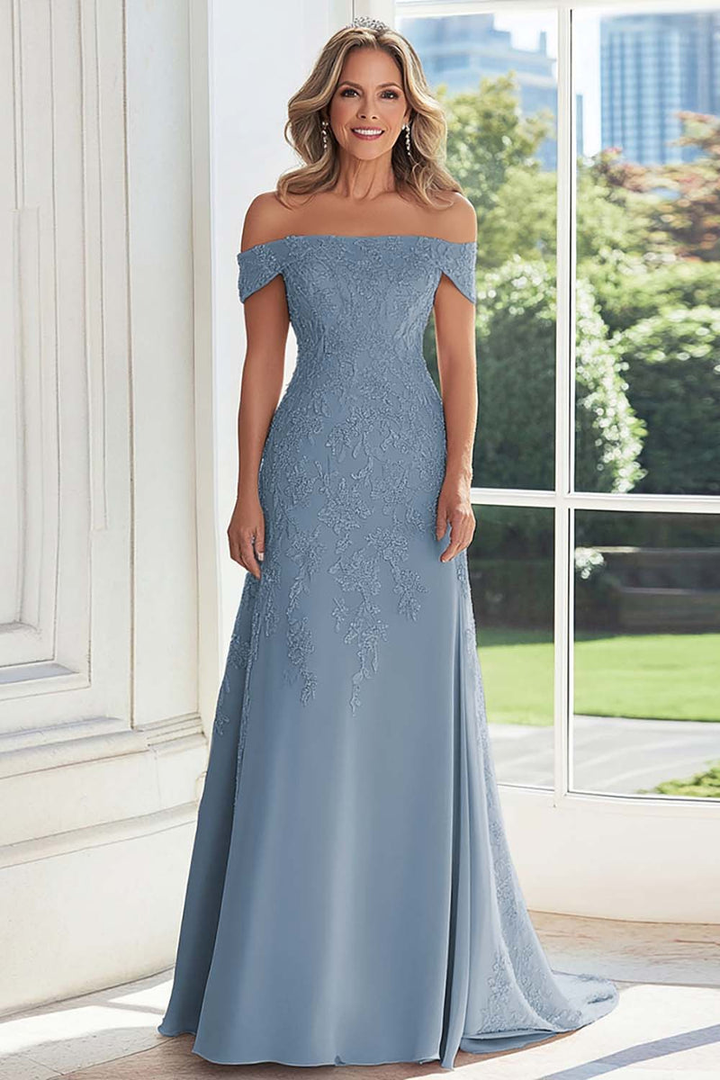 Laden Sie das Bild in den Galerie-Viewer, Taupe Scheide Schulterfreies Kleid für die Brautmutter mit Spitzenapplikation