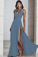 Laden Sie das Bild in den Galerie-Viewer, Schwarzes A-Linie Neckholder Chiffon Langes Plissiertes Ballkleid