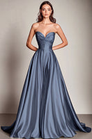 Laden Sie das Bild in den Galerie-Viewer, Marineblaues Herzausschnitt A-Linie Satin Langes Ballkleid