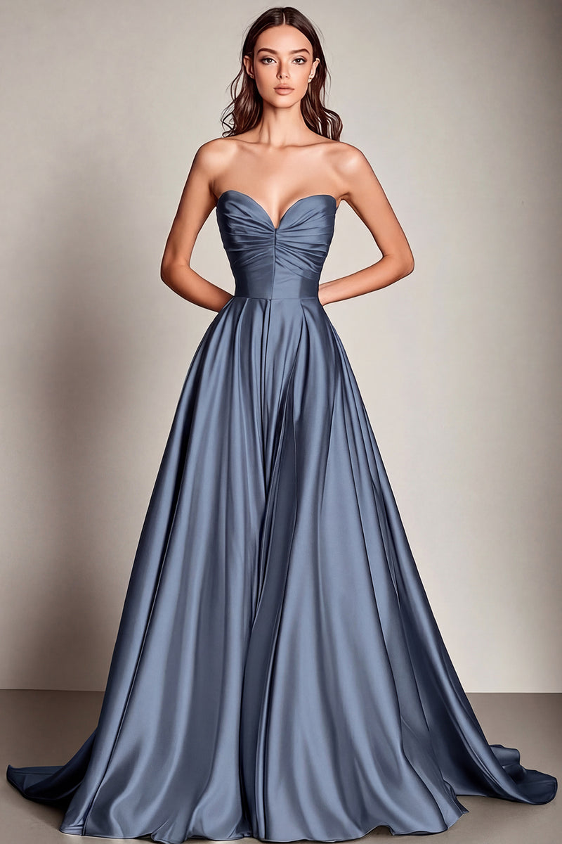 Laden Sie das Bild in den Galerie-Viewer, Marineblaues Herzausschnitt A-Linie Satin Langes Ballkleid