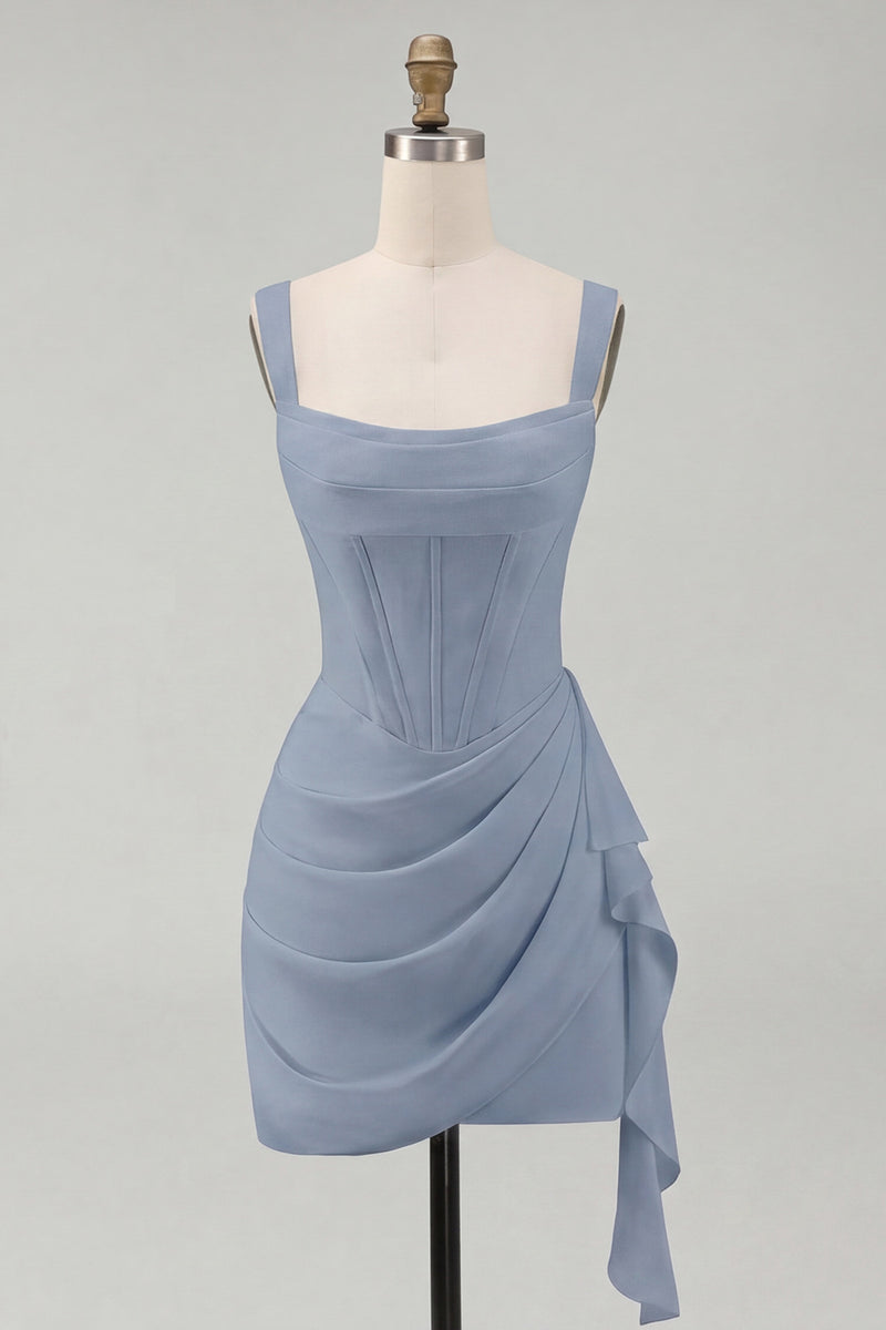 Laden Sie das Bild in den Galerie-Viewer, Tüll Elfenbein Korsett Quadratischer Ausschnitt Gerafftes Bodycon Mini Standesamt Kleid mit Rüschen