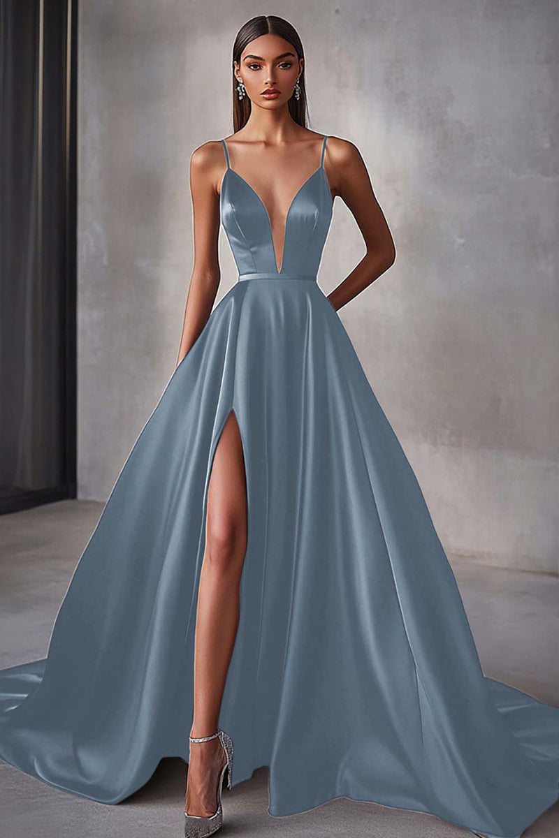 Laden Sie das Bild in den Galerie-Viewer, Marineblaues Satin A-Linie Spaghettiträger Langes Ballkleid mit Schlitz