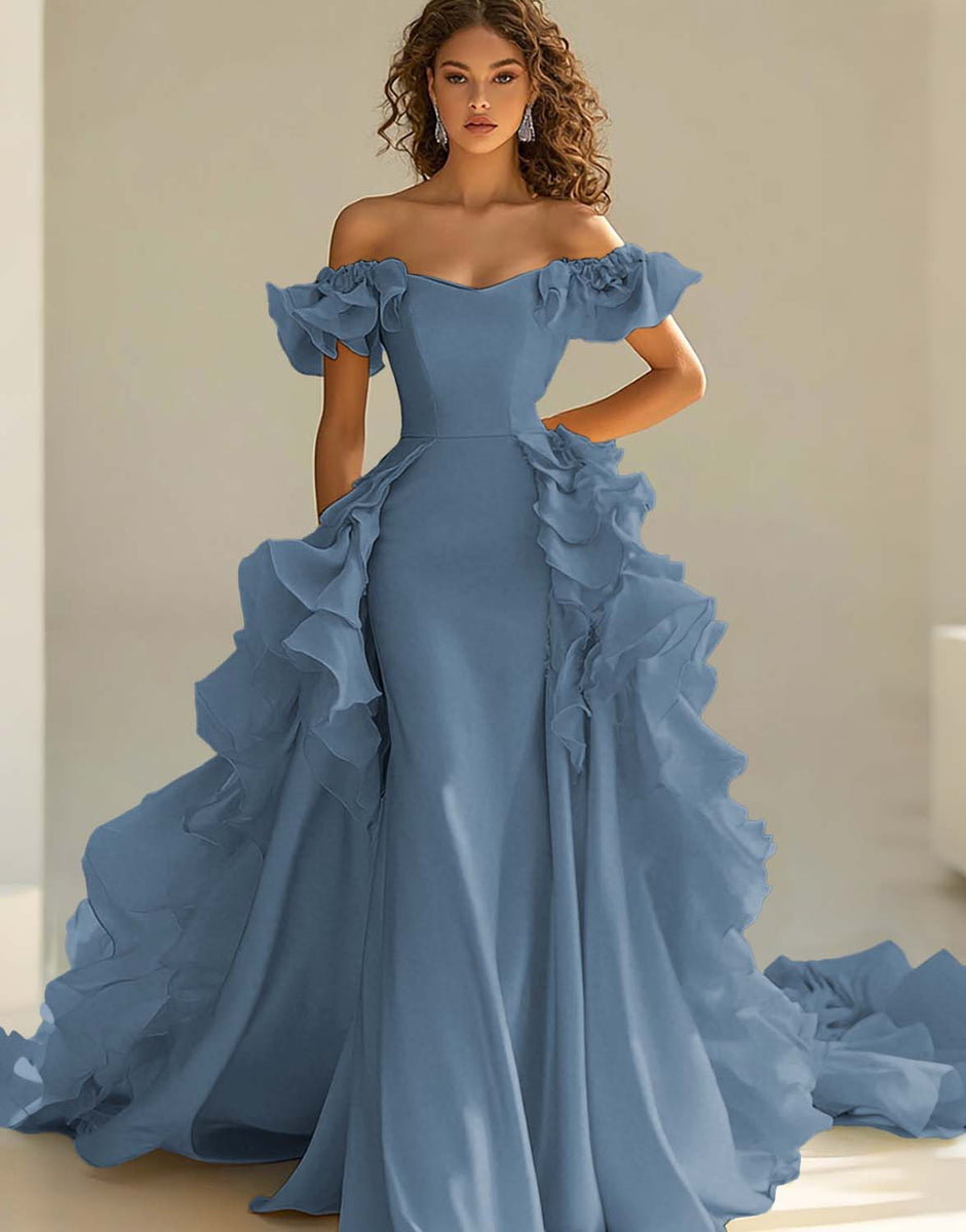 Laden Sie das Bild in den Galerie-Viewer, Gelbes schulterfreies Meerjungfrauen-Satinkleid mit Rüschen