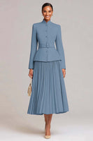 Laden Sie das Bild in den Galerie-Viewer, Hellrosa A-Linie 2-teiliges Plissiertes Arbeitskleid mit Gürtel