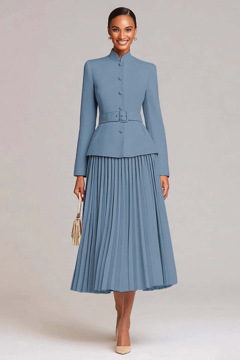 Laden Sie das Bild in den Galerie-Viewer, Hellrosa A-Linie 2-teiliges Plissiertes Arbeitskleid mit Gürtel