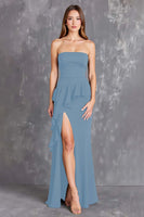 Laden Sie das Bild in den Galerie-Viewer, Schwarzes Trägerloses Gerüschtes Langes Ballkleid mit Schlitz