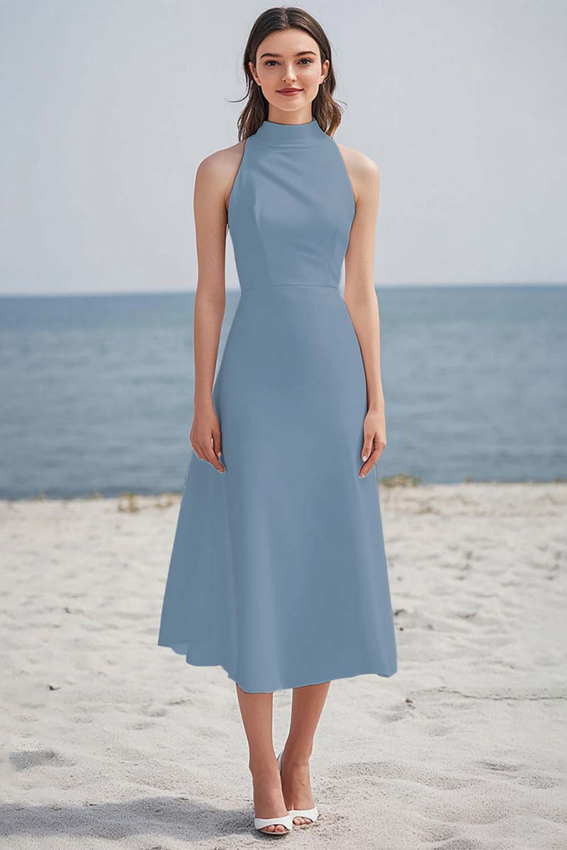 Laden Sie das Bild in den Galerie-Viewer, Schlichtes Elfenbein Midi Standesamtkleid aus Satin mit hohem Ausschnitt