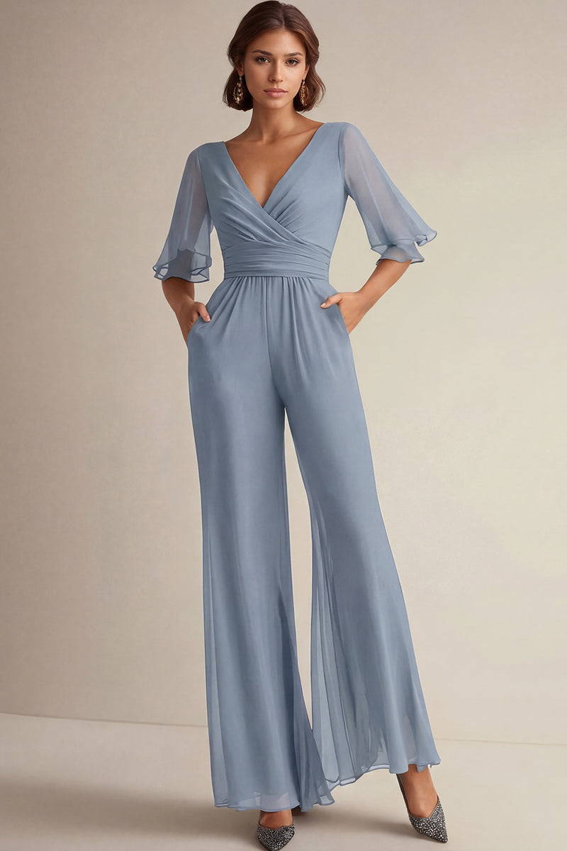 Laden Sie das Bild in den Galerie-Viewer, Marineblaue Chiffon Overalls für die Brautmutter mit V-Ausschnitt und halben Ärmeln