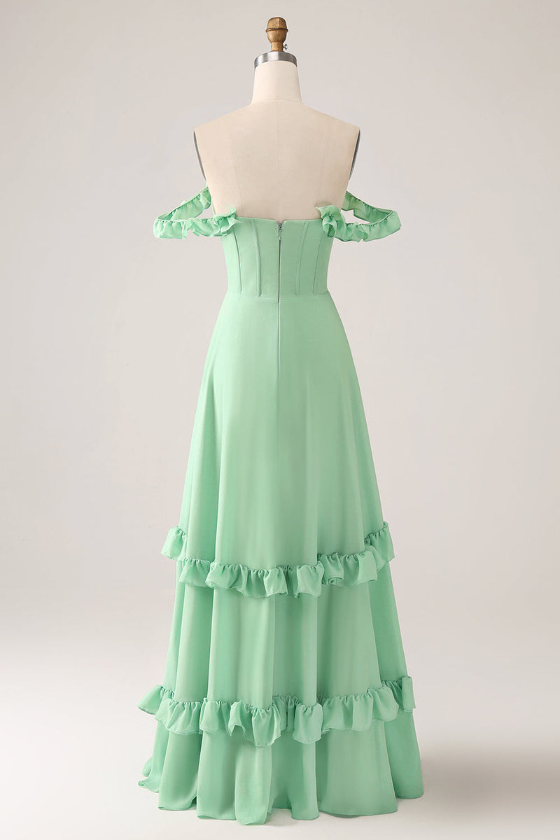 Laden Sie das Bild in den Galerie-Viewer, Grünes schulterfreies Korsett Brautjungfernkleid mit Rüschen