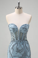 Laden Sie das Bild in den Galerie-Viewer, Funkelndes hellblaues Meerjungfrauen Korsett Langes perlenbesetztes Ballkleid mit Schlitz