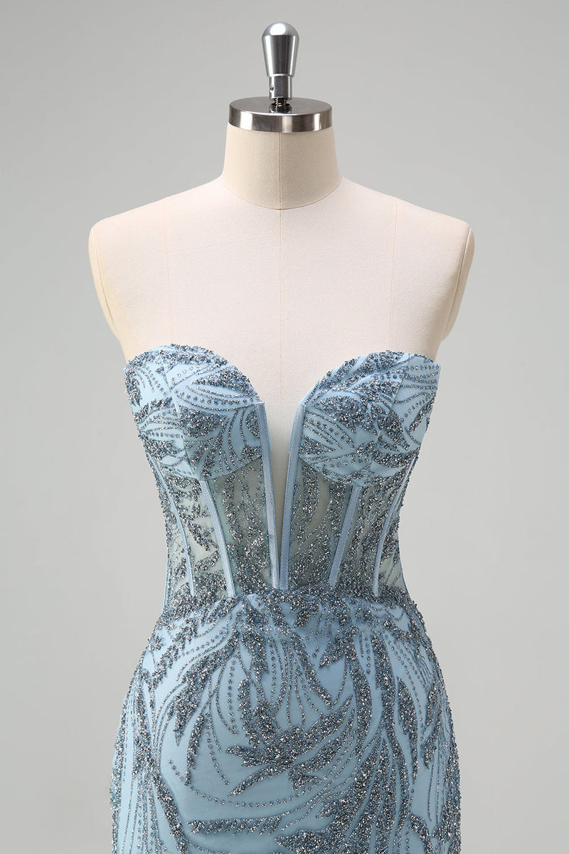 Laden Sie das Bild in den Galerie-Viewer, Funkelndes hellblaues Meerjungfrauen Korsett Langes perlenbesetztes Ballkleid mit Schlitz