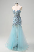 Laden Sie das Bild in den Galerie-Viewer, Funkelndes hellblaues Meerjungfrauen Korsett Langes perlenbesetztes Ballkleid mit Schlitz