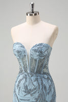 Laden Sie das Bild in den Galerie-Viewer, Funkelndes hellblaues Meerjungfrauen Korsett Langes perlenbesetztes Ballkleid mit Schlitz