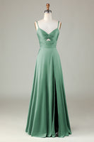 Laden Sie das Bild in den Galerie-Viewer, Spaghettiträger Schlüsselloch A Linie Grünes Brautjungfernkleid mit Schlitz