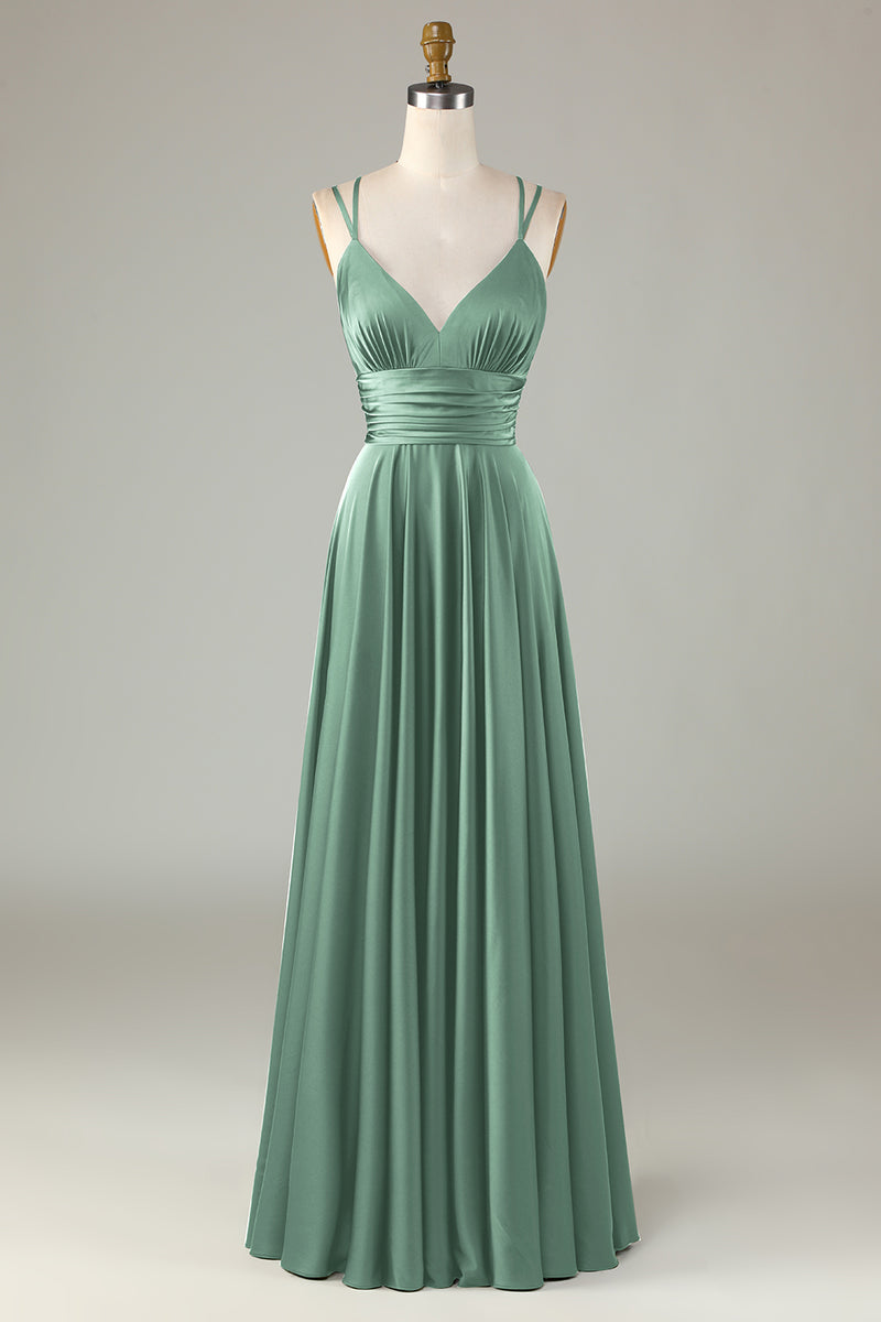 Laden Sie das Bild in den Galerie-Viewer, A-Linie ärmelloses olivgrünes langes Brautjungfernkleid