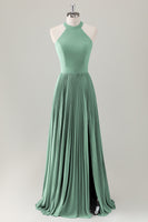 Laden Sie das Bild in den Galerie-Viewer, Grau Blau A-Linie Neckholder Langes Brautjungfernkleid mit Schlitz