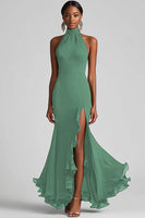 Laden Sie das Bild in den Galerie-Viewer, Schwarzes Meerjungfrau Langes Neckholder Rüschen Abendkleid mit Schlitz