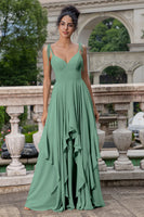 Laden Sie das Bild in den Galerie-Viewer, A-Linie V-Ausschnitt Spaghettiträger Chiffon Brautjungfernkleid mit Rüschen Matcha