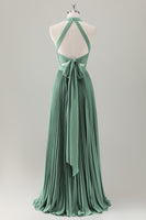 Laden Sie das Bild in den Galerie-Viewer, Grau Blau A-Linie Neckholder Langes Brautjungfernkleid mit Schlitz