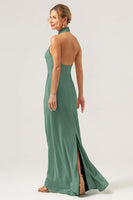 Laden Sie das Bild in den Galerie-Viewer, Meerjungfrau Etui Neckholder Langes Brautjungfernkleid mit Schlitz Champagner