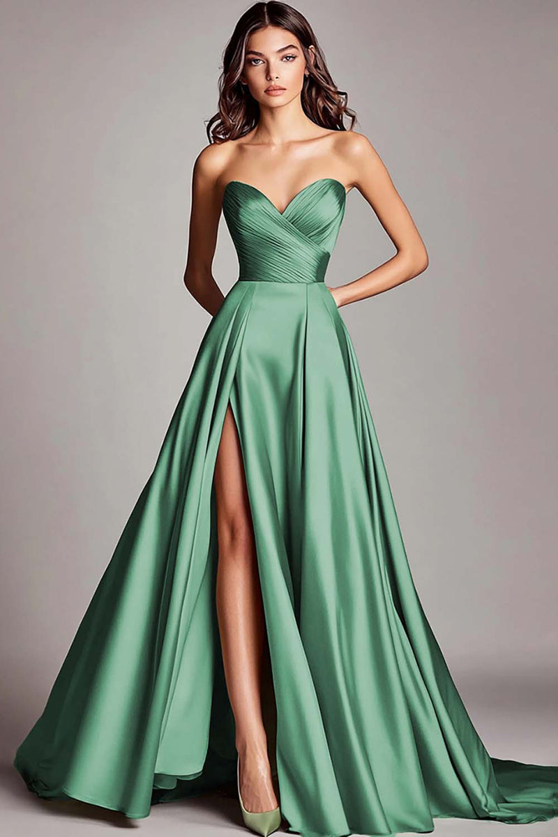 Laden Sie das Bild in den Galerie-Viewer, Dusty Sage Trägerloses Langes Ballkleid aus Satin mit Rüschen und Schlitz