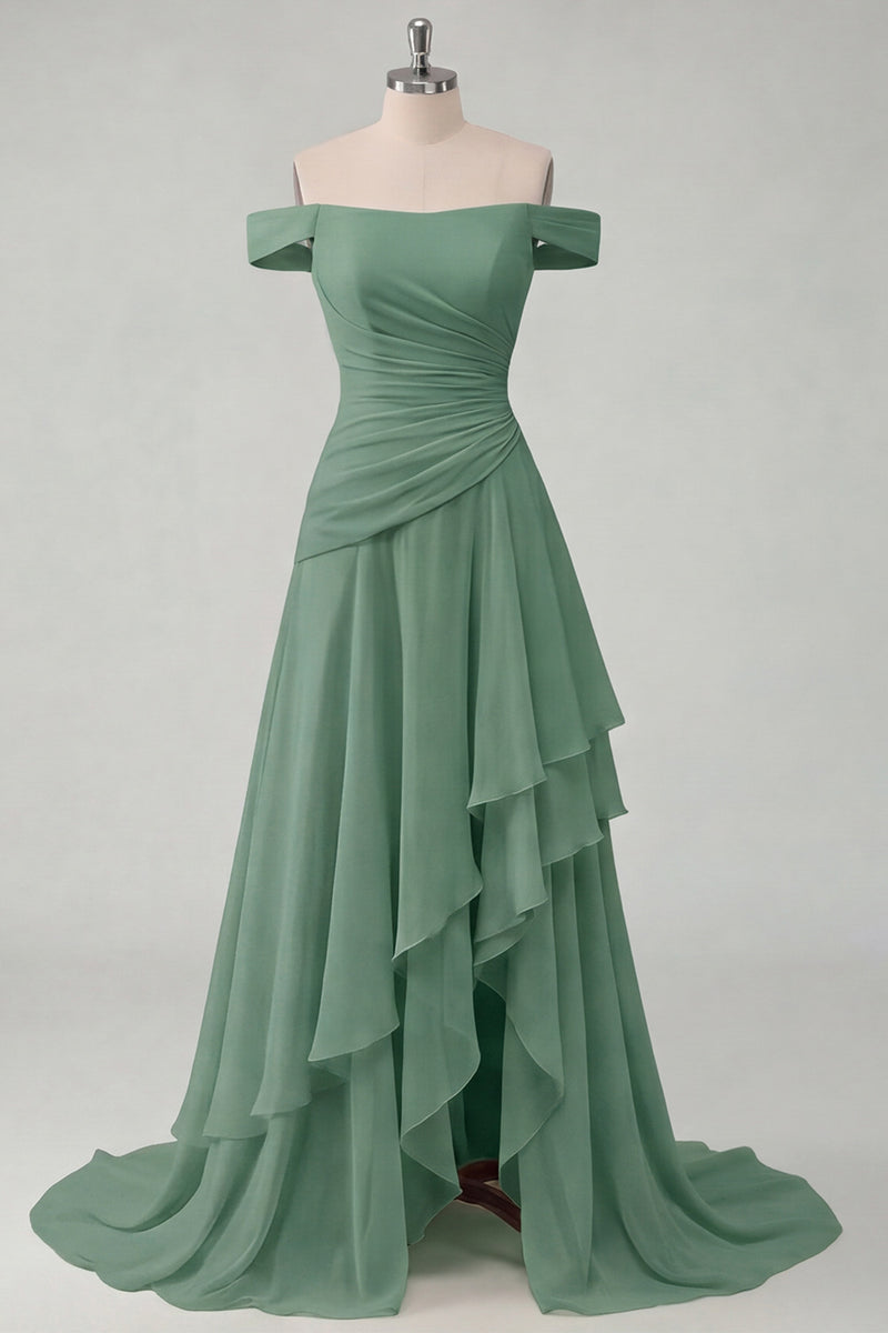 Laden Sie das Bild in den Galerie-Viewer, Schulterfreies Chiffon Buttergelbes A-Linie Gerafftes Maxikleid mit Schlitz