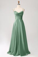 Laden Sie das Bild in den Galerie-Viewer, Staubiger Salbei A Linie Wasserfallausschnitt Satin Langes Ballkleid mit Plissee
