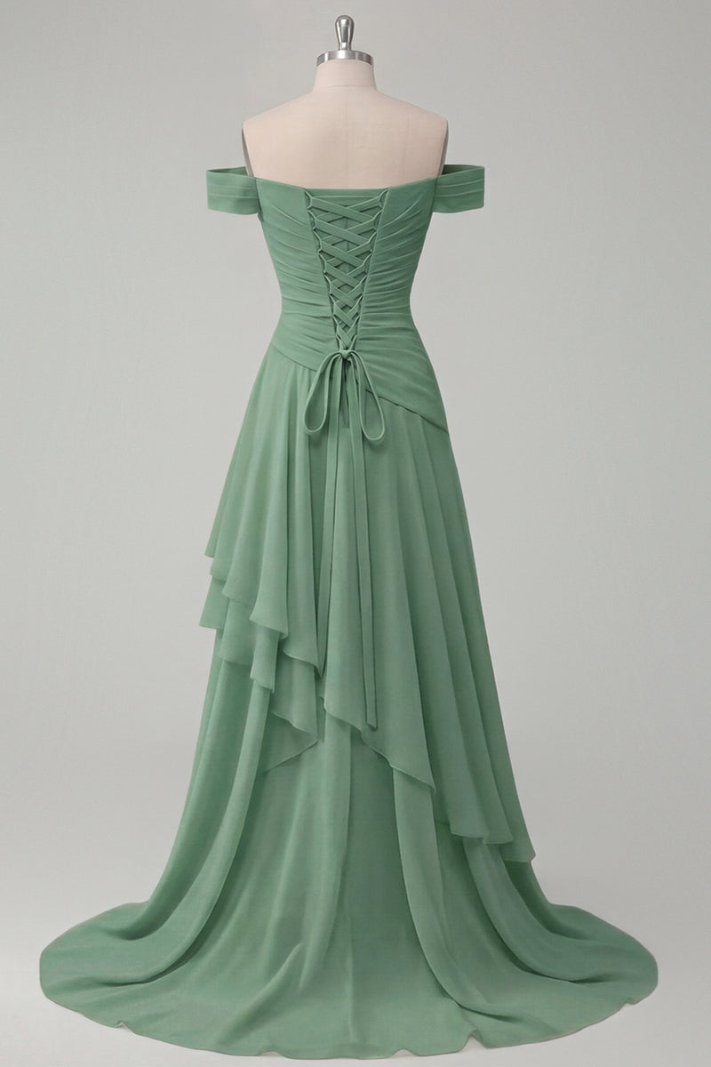 Laden Sie das Bild in den Galerie-Viewer, Schulterfreies Chiffon Buttergelbes A-Linie Gerafftes Maxikleid mit Schlitz