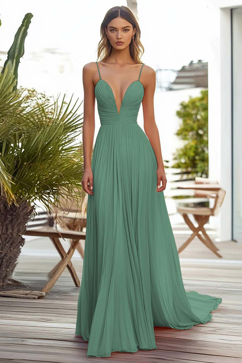 Laden Sie das Bild in den Galerie-Viewer, Rosa A-Linie Plissee Langes Hochzeitsgastkleid