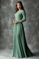 Laden Sie das Bild in den Galerie-Viewer, A-Linie Rundhals langen Ärmeln Kleid für die Brautmutter Staubblaues Etui