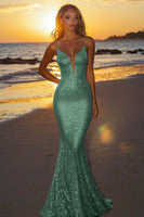 Laden Sie das Bild in den Galerie-Viewer, Funkelndes Silbernes Rückenfreies Meerjungfrauen Langes Abendkleid