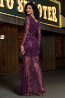 Laden Sie das Bild in den Galerie-Viewer, Lila V-Ausschnitt-Sheath-Pailletten-Langarm-Abschlussballkleid