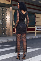 Laden Sie das Bild in den Galerie-Viewer, Schwarzes Langärmeliges Paillettenkleid mit V-Ausschnitt-Scheide