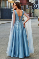 Laden Sie das Bild in den Galerie-Viewer, Glitzerndes blaues V-Ausschnitt A-Linie Abschlussballkleid mit Umhangärmeln