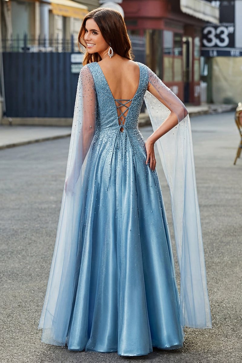 Laden Sie das Bild in den Galerie-Viewer, Glitzerndes blaues V-Ausschnitt A-Linie Abschlussballkleid mit Umhangärmeln