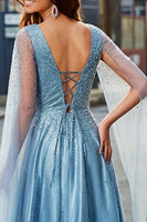 Laden Sie das Bild in den Galerie-Viewer, Glitzerndes blaues V-Ausschnitt A-Linie Abschlussballkleid mit Umhangärmeln