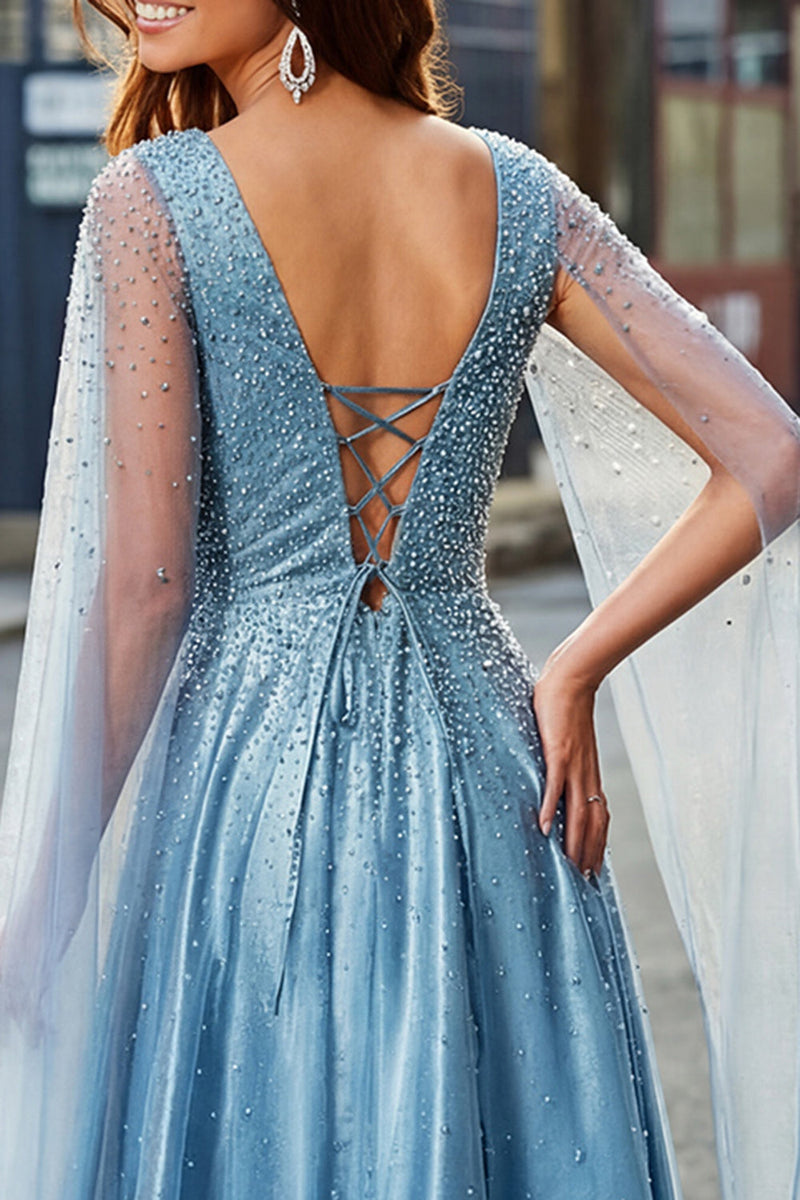 Laden Sie das Bild in den Galerie-Viewer, Glitzerndes blaues V-Ausschnitt A-Linie Abschlussballkleid mit Umhangärmeln