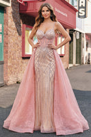 Laden Sie das Bild in den Galerie-Viewer, Glitzerndes Rouge-Spaghetti-Träger Meerjungfrauen-Abschlussballkleid mit Umhang