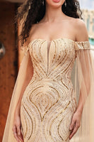 Laden Sie das Bild in den Galerie-Viewer, Schulterloses Meerjungfrauen-Champagner-Pailletten-Langballkleid mit Umhangärmeln