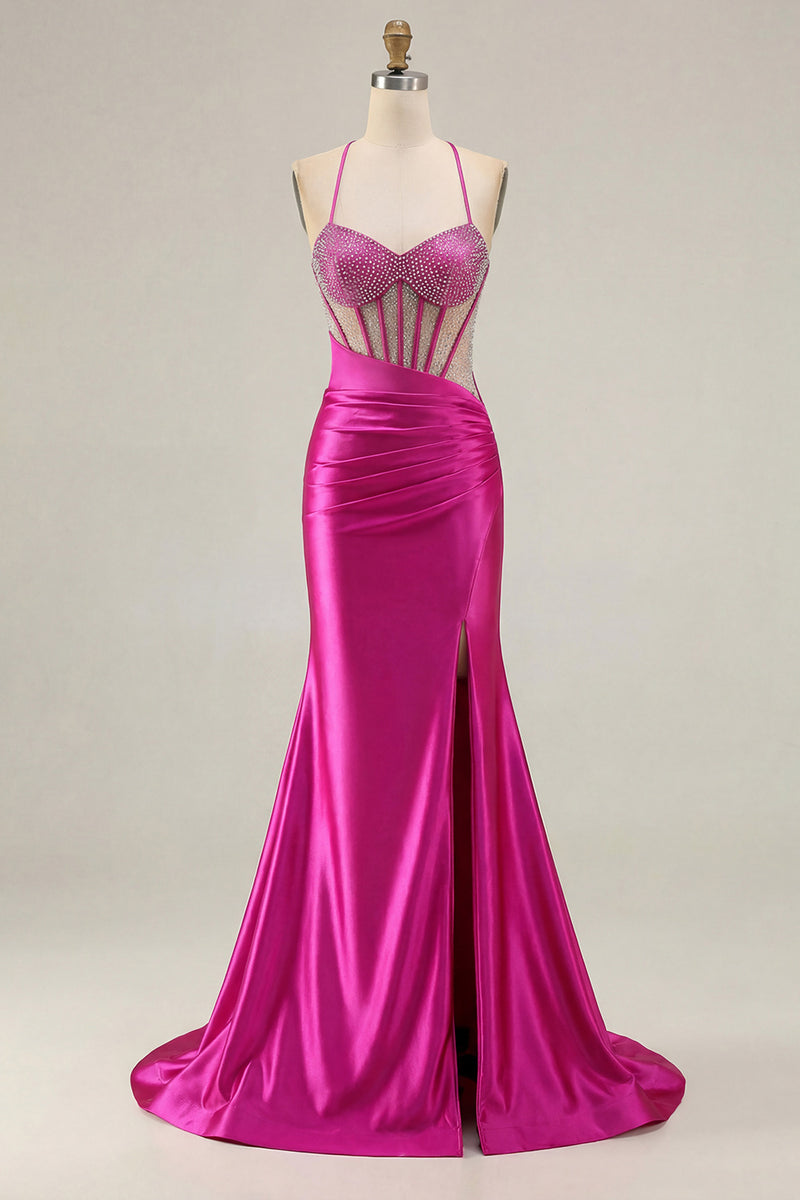 Laden Sie das Bild in den Galerie-Viewer, Rosa Perlen Meerjungfrauen Spaghettiträger Korsett Gerafftes Langes Ballkleid mit Schlitz