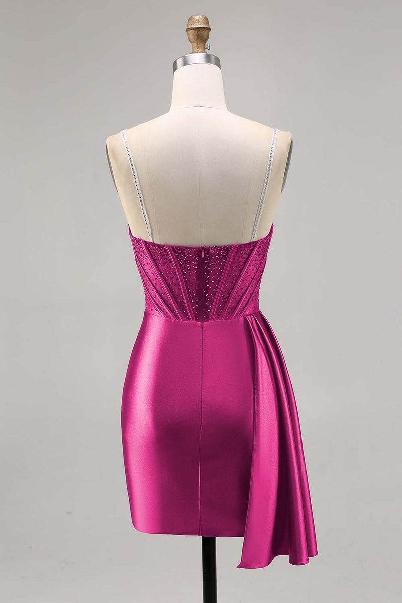 Laden Sie das Bild in den Galerie-Viewer, Marineblaues Satin Korsett Cocktailkleid mit Perlen und Schärpe