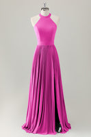 Laden Sie das Bild in den Galerie-Viewer, Grau Blau A-Linie Neckholder Langes Brautjungfernkleid mit Schlitz