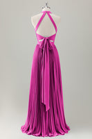 Laden Sie das Bild in den Galerie-Viewer, Grau Blau A-Linie Neckholder Langes Brautjungfernkleid mit Schlitz