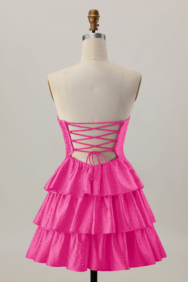 Laden Sie das Bild in den Galerie-Viewer, Orange A-Linie Trägerloses Gestuftes Abiballkleid mit Perlenstickerei