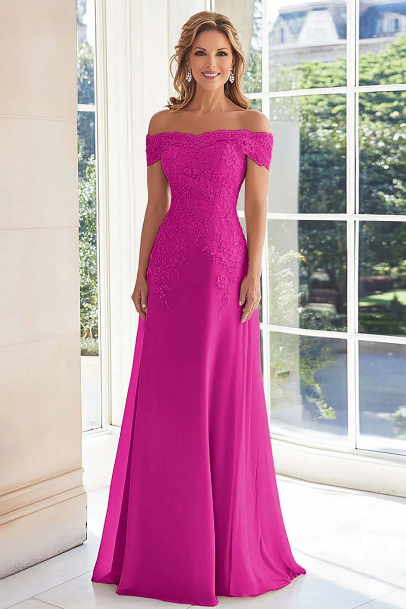 Laden Sie das Bild in den Galerie-Viewer, Elegantes Schulterfreies Chiffon Etui Langes Brautmutterkleid mit Spitzenapplikationen